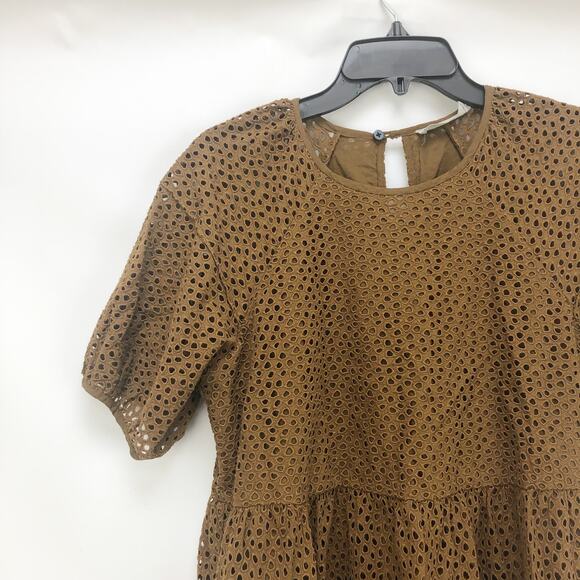 Everlane The Tiered Eyelet Dress XS Midi Cotton Walnut Brown Short Sleeve NWT - Picture 5 of 8